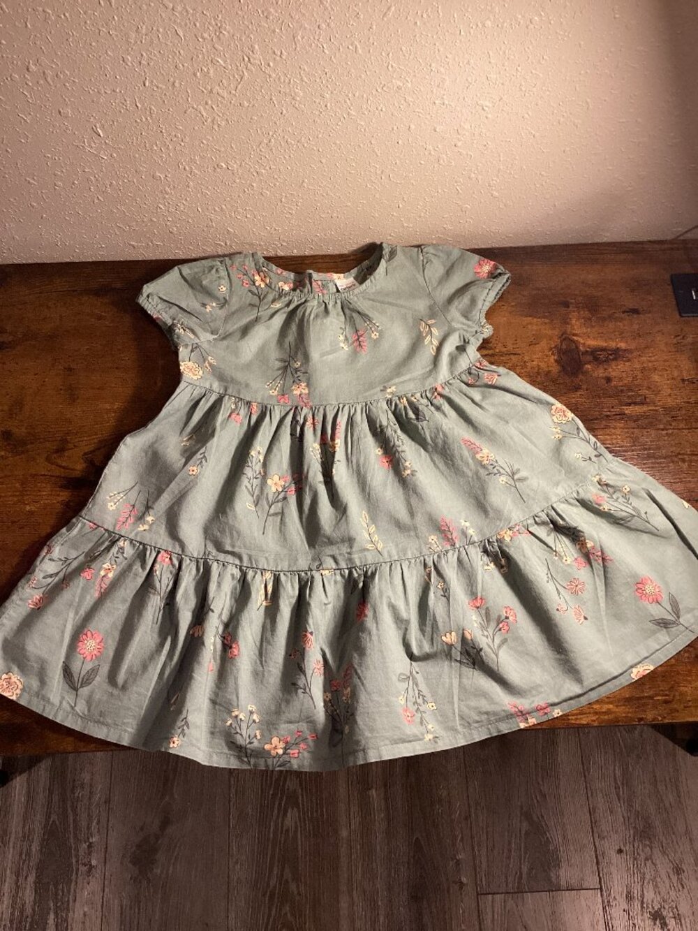 Sage Green Floral Tiered Short Sleeve Dress